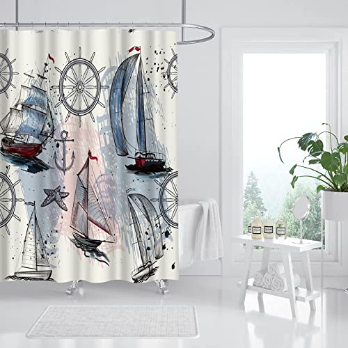 Artsbay Nautical Shower Curtain Bathroom Decor Sail Boat Anchor Bath Curtain Washroom Decoration for Ocean Lovers 72" x 72" Polyester Waterproof Fabric