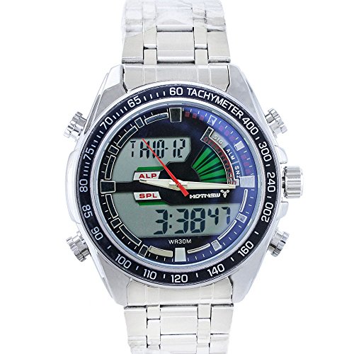 HOTNEW Luxury Mens Waterproof Luminous Dula Time Digital LED Quartz Outdoor Sports Military Silver Clock Steel Watch (Black)