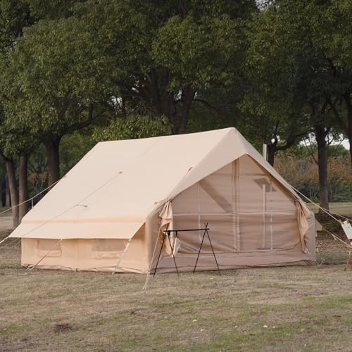 WaldZimmer 12sq Beige Inflatable Camping Tent with Hand Pump Easy Setup Waterproof Windproof Outdoor Blow up Tent 6-8 Person Oxford 4 Season Glamping Air Tents Cabin House with Mesh Windows & Door