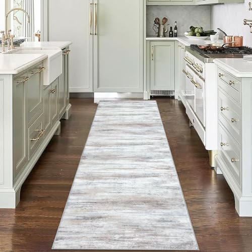 KOZYFLY Modern Abstract Hallway Runner Rug, 2.6x8 Washable Rug Runner Non-Slip Soft Striped Kitchen Runner Rugs, Print Distressed Beige Carpet Runner for Entryway Bathroom Laundry Room Foyer