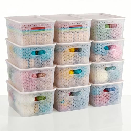 Kuber Industries 12 Pcs Plastic Medium Solitaire Storage Basket with Lid & Handle | Multipurpose Storage Rectangular Box for Cloths Toys & Books | H3 - Transparent