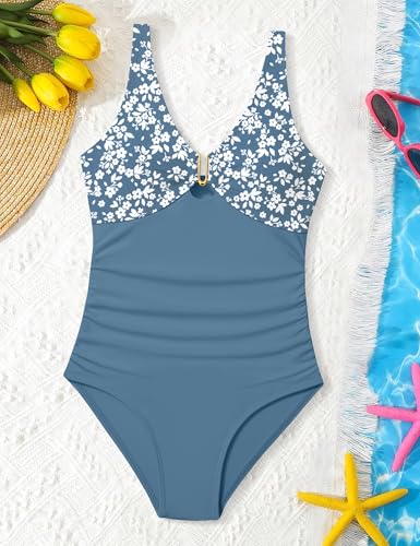 Image of Girls One Piece Swimsuit Cut Out Ruffle Bathing Suit Twist V Neck Swimwear Solid Color with Cover Up Skirt 9-16T