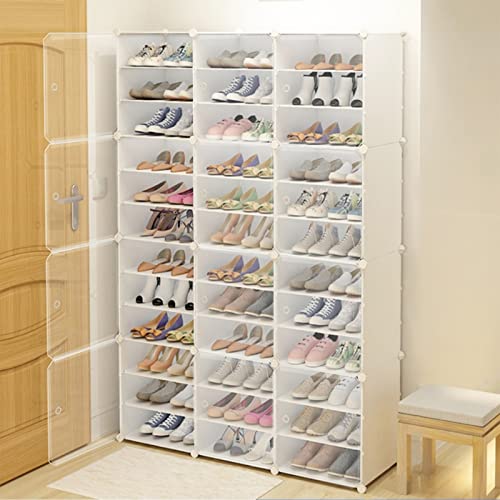 OUKANING Shoes Storage Box Shoes Organizer Cabinet with Doors Free Combination White Standing Storage Drawer Shelf 3X 12 Cube Unit for Entryway Hallway Living Room 19.6X 12.6X 73.6in