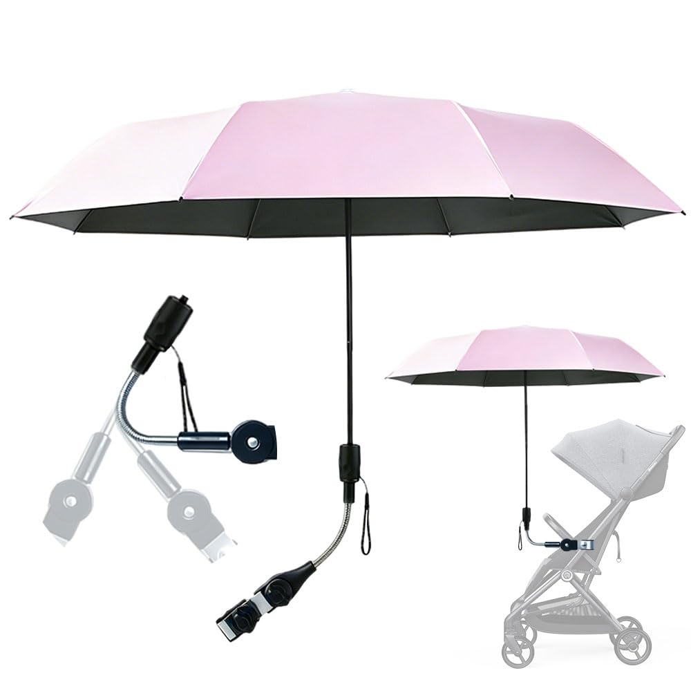 Universal Sonnenschirm für Kinderwagen UV Schut, UPF 50+ Sonnenschutz Regenschirm mit 360° Flexibler Universalhalterung, 96 cm Kinderwagen Regenschirm für Kinderwagen und Buggy, Rosa