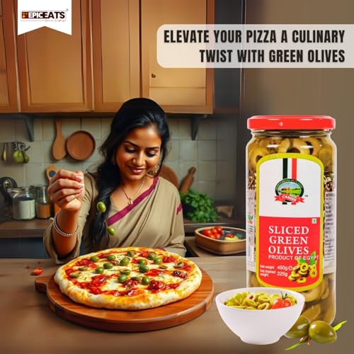 Image of CANEEN Sliced Green Olives 450g - Ready-to-Use Green Olive Slices for Pizza, Pasta, Salads, Sandwiches, Mediterranean Recipes, Appetizers & Snacks | Seedless Vegetarian Cooking Ingredient PACK OF 1