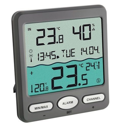 TFA Dostmann TFA Venice 30.3056.10, zur Überwachung der Wassertemperatur in Pool, Teich oder Whirlpool Digitales Funk-Poolthermometer, Kunststoff, Grau