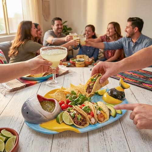 Image of Ceramic Bee Shark Taco Holder, Bee Shark Sushi Plates, Funny Handmade Kitchen Salad Plates with Dipping Sauce Bowl, Microwave /Oven /Dishwasher Safe Plate, Holiday Birthday Gifts for Sharks Party Lovers
