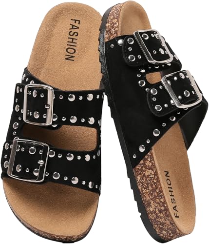 Women’s Cork Footbed Sandals Men’s Adjustable Buckle Flat Mules Slide Sandals, Fashion Studded Open Toe Slip On Summer Shoes for Casual Walking Outdoor Footwear Comfort Stud Flatform Sandals