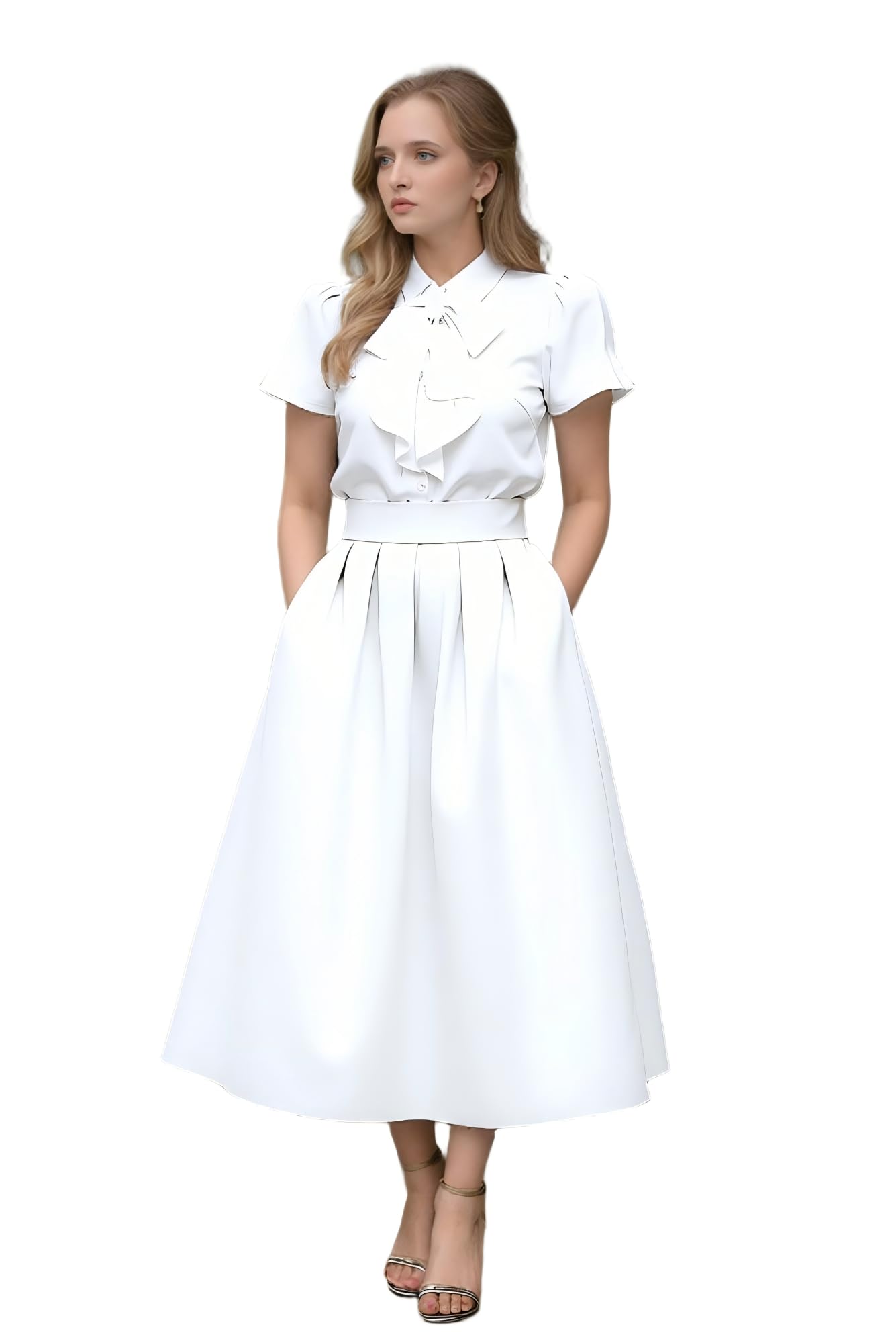 Womens Fashion High Waist A-Line Knee Length Taffeta Skirts with Pockets