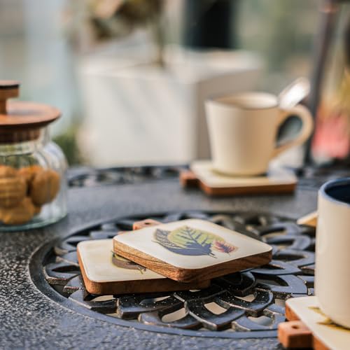 Image of Ireka Home Timber Leaf Coaster Set of 4 | Acacia Wood with Enamel Botanical Leaf Design | Coaster Set Fit for Tea Cups, Coffee Mugs and Glasses