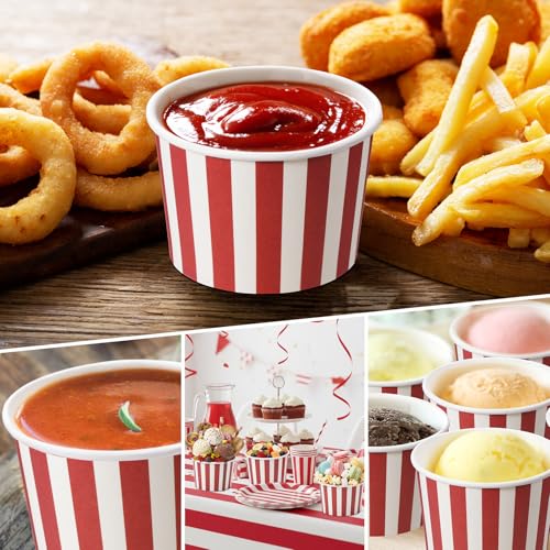 Image of Zopeal 50 Count Red and White Striped Ice Cream Cups Paper Dessert Bowls