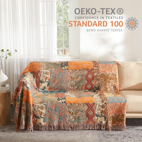SE SOFTEXLY Boho Decke 100% Baumwolle – Doppelseitige Musselin Tagesdecke 150x200cm, Kuschelige Sofadecke & Bettüberwurf, Aesthetic Design, Ideal für Wohnzimmer & Schlafzimmer, Orange/Grün – Bild 4