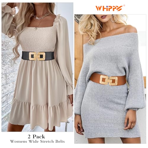 WHIPPY 2 Pack Womens Wide Elastic Stretch Waist Belts for Dresses Fashion Ladies Belt Waistband with Square Gold Buckle2