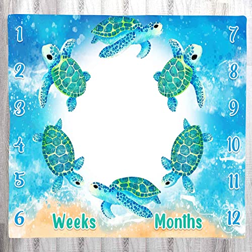 Image of Baby Monthly Milestone Blanket, Blue Sea Turtle Baby Age Blanket Beach Photo Backdrop Baby Blanket, 48x40 Inch Blue Baby Growth Chart Memory Blanket BTLSLY373