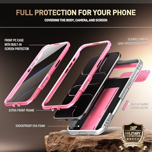 Image of Poetic for iPhone Air Case with Camera Control Capture Button, [Slide Camera Cover] [Built-in Stand] [Built-in Screen Protector] Full-Body Rugged Phone Case for iPhone 17 Air 6.5 inch, Pink