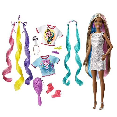 Barbie Fantasía Muñeca Morena Que se transforma en Sirena o Unicornio, Vestido Brillante,...