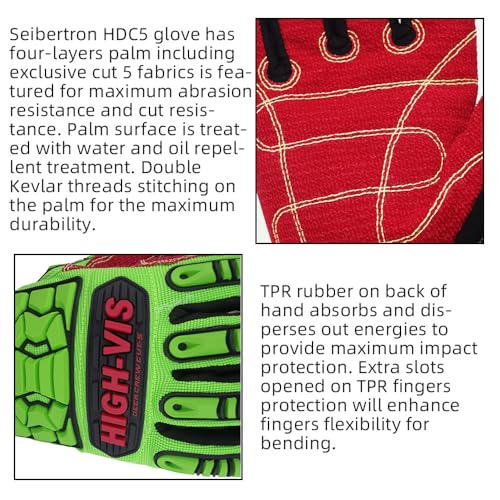 Seibertron HIGH-VIS HDC5 Schnittschutzklasse 5 Deckhand Schlagfestes Arbeitshandschuhe Montagehandschuhe Öl und Gas Sicherheit Handschuhe Dornensichere und Stichfeste Gartenhandschuhe L