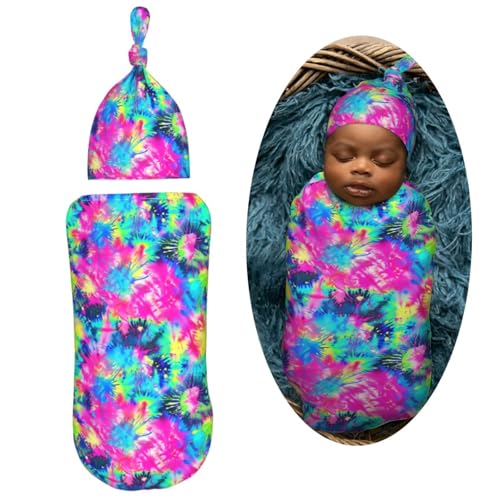 Image of Tie Dye Neon Colorful Newborn Swaddle Blankets Hat Sets Soft Baby Receiving Blanket Swaddle Sack for Baby Shower Infant Boy Girl Gift