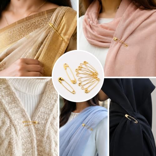 Image of Small Gold and Silver Plated Safety Pins for Saree Nappy Lock pin for Blanket Sweater Perfect for Clothes Craft Sewing Pinning Hijab pin for Women and Girls (Mix, 48)