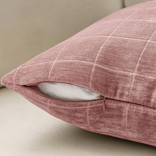 Image of MIULEE Blush Pink Plaid Decorative Throw Pillow Covers 20x20 Set of 2 | Vintage Check Chenille Couch Pillows Neutral Boho Farmhouse Cushion Covers Modern Home Decor for Sofa Bed Living Room