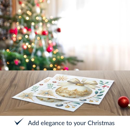 PAW - Christmas Luncheon Napkins 6,5'' x 6,5'', White and Gold Disposable Paper Napkins with Bauble, Elegant Lunch Napkins for Winter Birthdays, Christmas Parties, New Years, Decoupage, 50 Count – Image 4