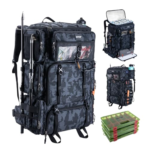 Goture Zaino da pesca da 72 l, con borsa termica (16 l), scomparto asciutto e bagnato, scomparti regolabili, borsa impermeabile per attrezzi da pesca, campeggio, escursionismo, Camouflage con 4 esche