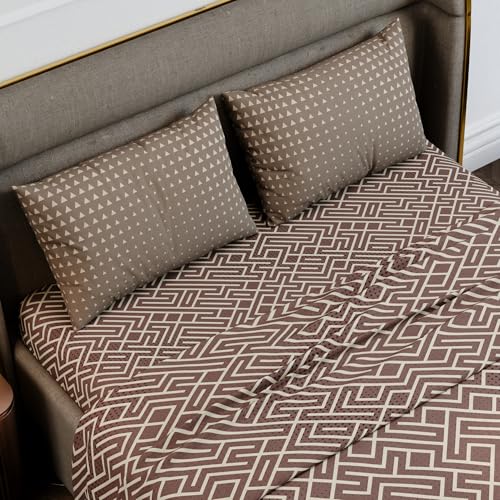 Image of Stoa Paris 100% Cotton Super King Bedsheet with 2 Pillow Covers for King & Double Beds,180TC Printed Bedding Set, Breathable, All-Season Comfort, Lightweight, Urbanscape - Mauve Labyrinth(274x274cm)