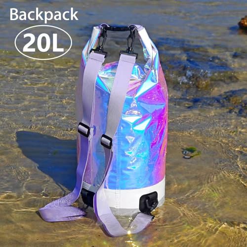 Bolsa Seca Impermeable de PVC Holográfica 20L, Mochila de Dobles Correas, Bolsa Bucket Impermeable para Kayak, Bote y Deportes al Aire Libre miniatura 4