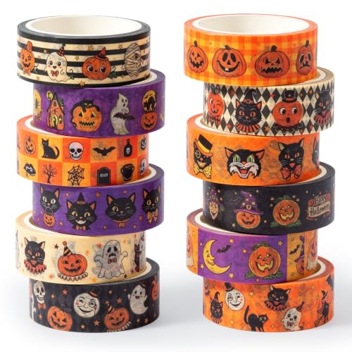 BHronony Halloween Vintage Washi Tape - 12 Rolls Pumpkin Decorative Tape