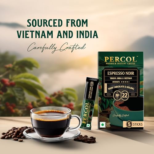 Image of PERCOL Espresso Noir Premium Coffee Sachets | 5 Sachets x 2gm | 100% Pure Freeze Dried Instant Coffee | Premium Imported Beans | Flavorful & Aromatic | Single Serve Sticks | Best For Hot & Cold