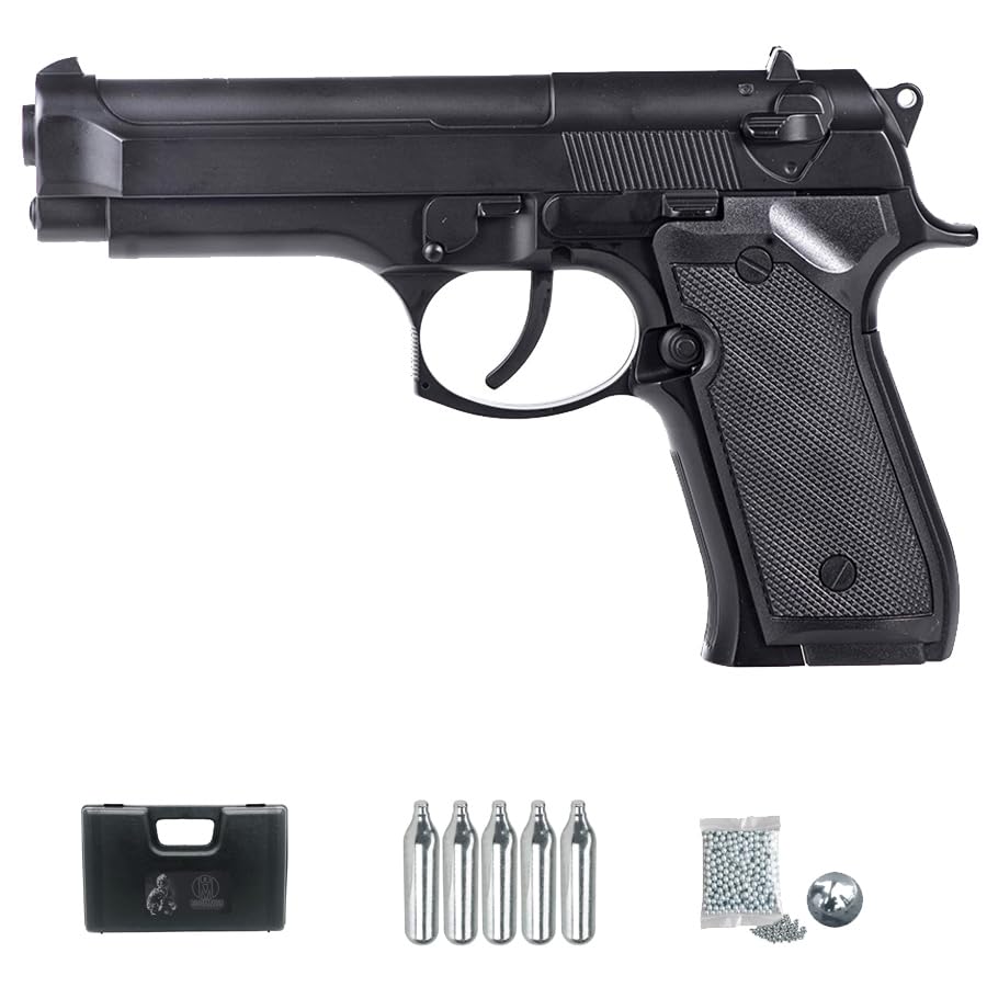 Pistola Hwasan M9 Tipo M92 CO2 (4,5mm) | Pack Pistola de balines Modelo Beretta 92 (perdigones Bolas de Acero BB's). Arma de Aire comprimido CO2 Calibre 4,5mm