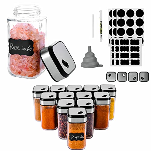 FDGAUCA Botes Para Especias Square, 12 Botes Transparentes Espesados Cristal, 120ml Acero Inoxidable Tres Salidas Tapa Super Seal Tarros Especias,Con Embudo,Tiza Blanca, Etiqueta… Cover
