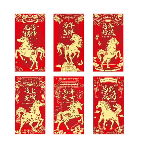 Sobre Rojo Caballo 2026 | 6 Piezas 2026 Patrones De Caballos Sobres De Dinero Festivo - Nochevieja Hong Bao Suministros Para | Para Adultos Familia Amigos Y Niños