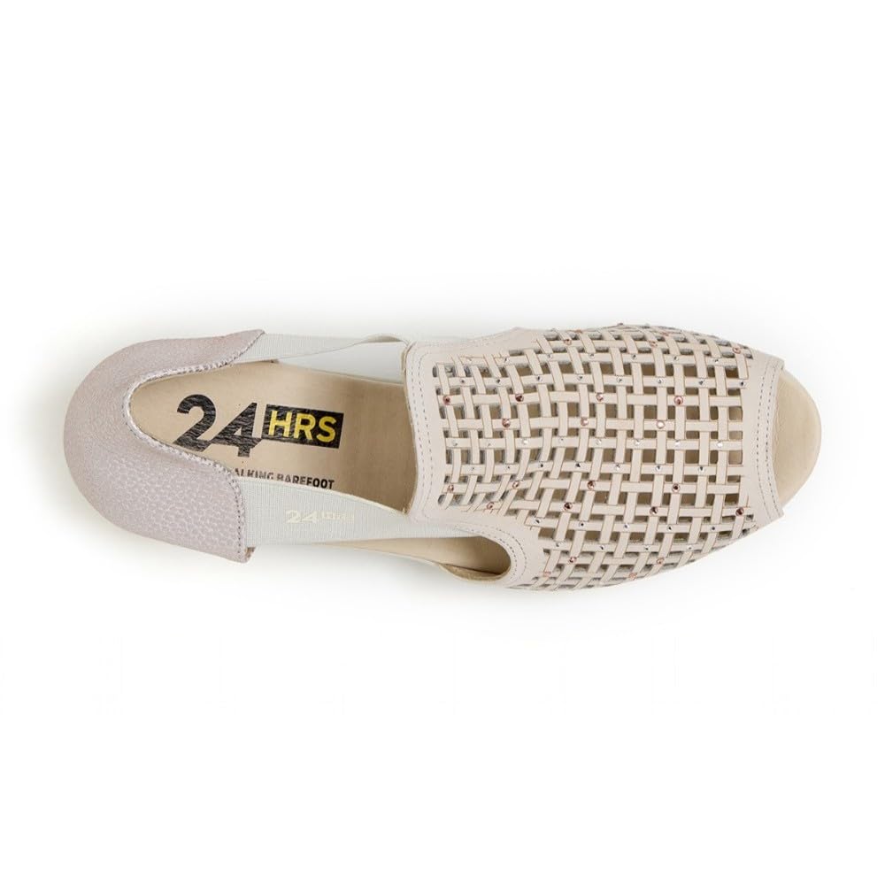 24 HRS - Sandalia 24 HRS Mujer 26735 en Piel Calada Crema con Cuña y Elásticos - Cuero