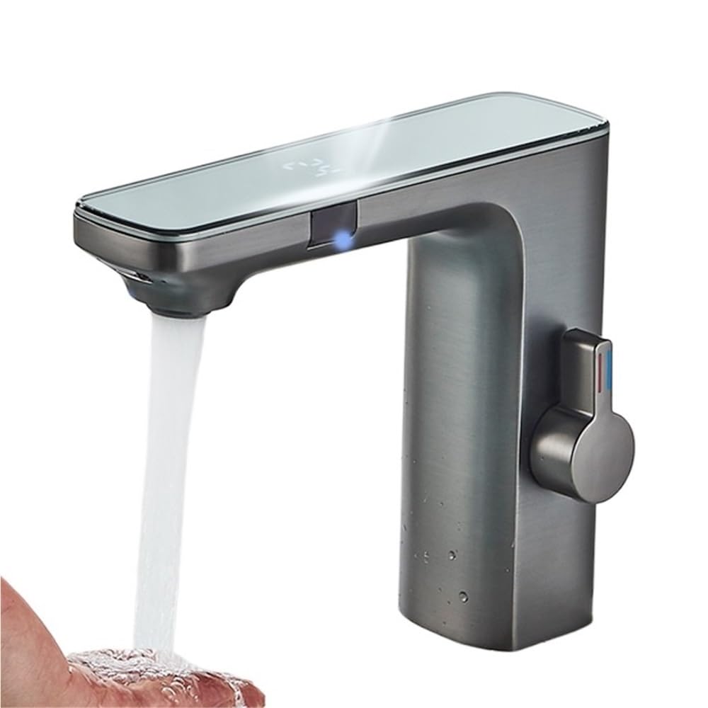 QHQQXN Rubinetto Intelligente con sensore touchless e Display Digitale - Miscelatore da Bagno in Ottone Grigio per Acqua Calda e Fredda - Rubinetto per lavabo Moderno Automatico Touch- per Maggiore