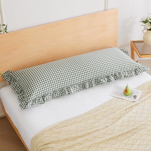 20x54 inches Ruffles Sage Green/White Plaid Body Pillow Cover with Zipper, 1 Pcs Rustic Washed Cotton Farmhouse Checkered Gingham Long Pillow Cases for Bed/Sofa