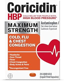 Coricidin HBP, Decongestant-Free Cold Symptom Relief for People with High Blood Pressure, Maximum Strength Cold, Flu & Chest Congestion Liquid Gels, 24 Count