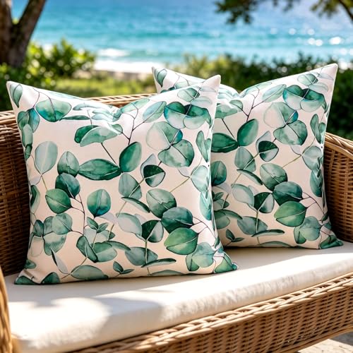 Housse Coussin Vert Exterieur Impermeable - Lot de 2 Style Naturel Housse Coussin de Chaise 40 x 40 - Taie D'oreiller est Lavable en Machine - pour Décoration...