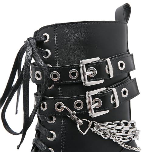 Image of Parisuit Womens Goth Patent Ankle Boots Platform Chunky Combat Boots | Lace Up, Gothic Boots, High Heel, Punk Short Booties, Buckle Boots, Chain Boots