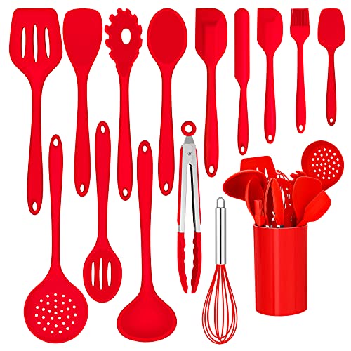 Joyfair Lot de 15 ustensiles de cuisine en silicone résistants à la chaleur avec porte-ustensiles, ustensiles de cuisine antiadhésifs, passent au lave-vaisselle – Rouge, M