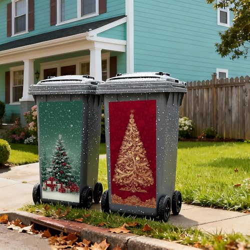 Image of 2 PC Trash Can Sticker 14.57 x 32.28 Inch Christmas Tree Gift Box Vinyl Sticker with Gold Ornament Snowflake and Red Background Pattern for Outdoor Garbage Bin Garden Yard Decor