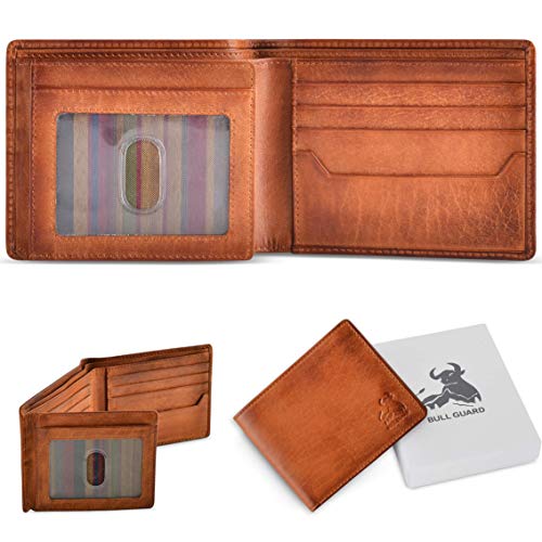 BULL GUARD RFID Blocking Bifold Wallets for Men, Brown Full Grain Leather Credit Card Wallet with 2 ID Windows Premium Security and High Capacity2