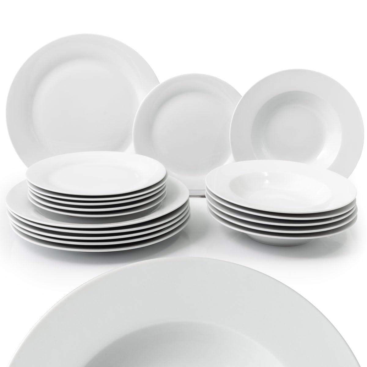 Shally Dogan Servicio de platos de 18 piezas de porcelana de mesa para 6 personas, juego compuesto por 6 platos llanos, 6 hondos, 6 dulces y frutas, diseño moderno liso (blanco)