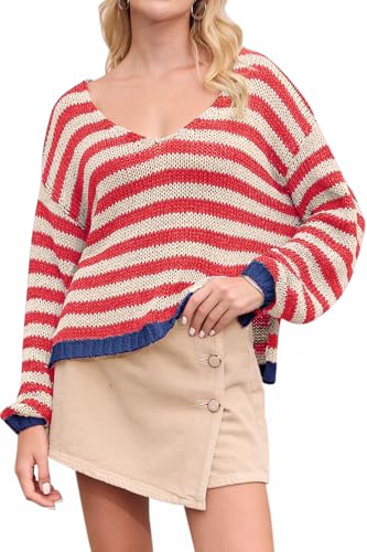 Women's V Neck Long Sleeve Sweaters 2024 Fall Oversized Striped Color Block Drop Shoulder Knit Side Slit Pullover Tops