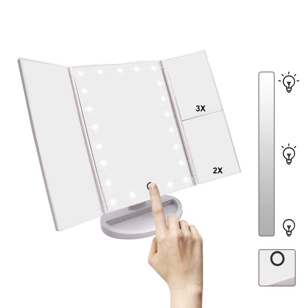 XINYU Espejo De Maquillaje De Tres Pliegues Pantalla Táctil LED Espejo De Maquillaje Lupa De Escritorio Portátil Giratoria De 180 °Se Puede Utilizar para Afeitar Maquillaje Y Cuidado Facial,Black