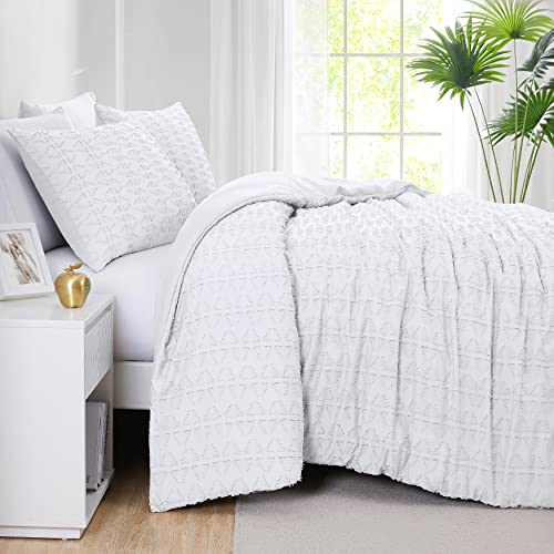 Southshore Fine Living, Inc. Juego de edredón jacquard con patrón de diamantes, tamaño Queen con cremallera y lazos en las esquinas, funda de edredón suave y acogedora de 3 piezas con dos fundas a