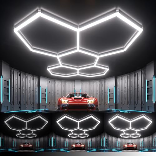 Litezone Hexagon Garage Lights : 3 Level Dimmable 168W Tube 5 Grids Hexagon LED Lights - Easy Install 6500K Super Bright Hex Lights for Garage Home Gym Shop Workshop Basement Studio