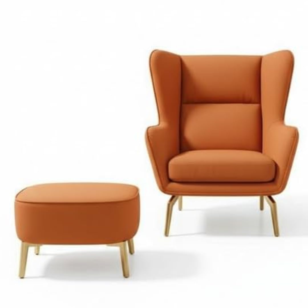 Hyperion Wingback Accent Chair with Ottoman, Faux Leather High-Back Lounge Armchair with Gold Metal Legs & Cushion for Living Room, Bedroom & Office, Single Seater (Burnt Orange)-image-28