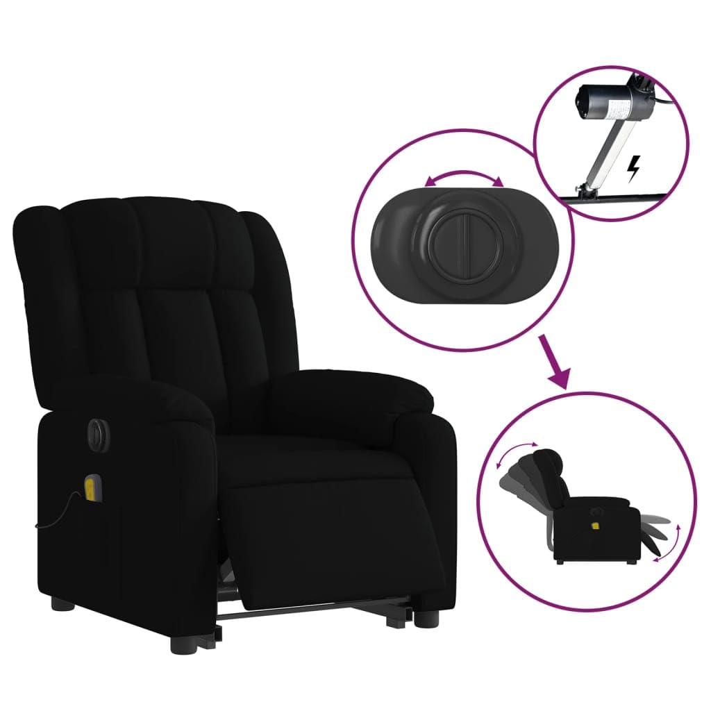 Sillón elevador eléctrico reclinable de tela negra con 6 puntos de vibración y función de elevación, cómodo y estable para relajación y bienestar