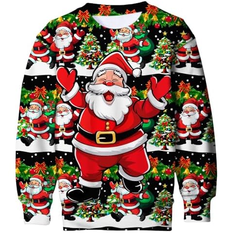 Kids4ever Ugly Xmas Sweatshirt For 6-7 Year Boys Girls Round Neck Christmas Trees and Santa Claus 3D Print Kids Sweater Black Long sleeves Clothes For Fall Winter Cover